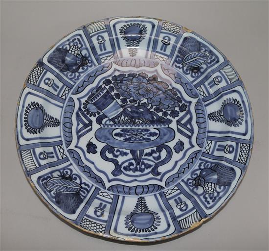 Two Delft blue and white dishes, late 17th century, 34 and 36cm, faults